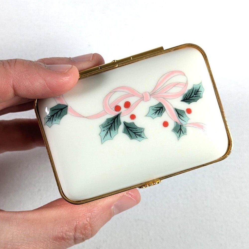 Vintage MIKASA Ribbon Holly porcelain trinket box, lidded jewelry storage box